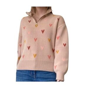 LOFT Womens Pink Heart Intarsia Quarter Zip Mock Neck Sweater Large Love NWT
